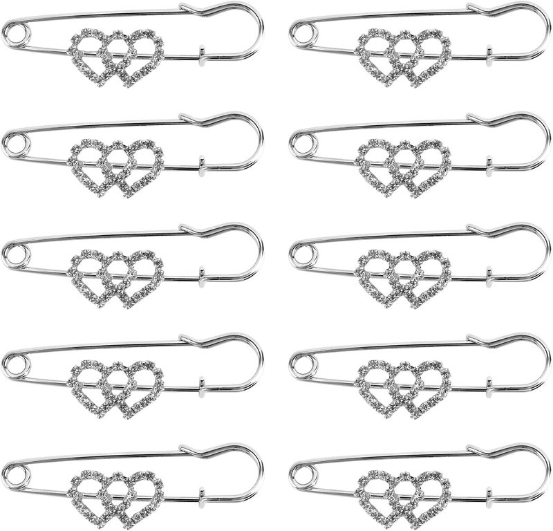 VToALARD 10pcs Rhinestone Safety Pins,Clear Crystal Double Heart Safety Pin Brooch,Large Safety Pins for Skirts Sweater Scarf Lapel Hat Shawl Accessories,Brooch Pins for Clothes - Image 1